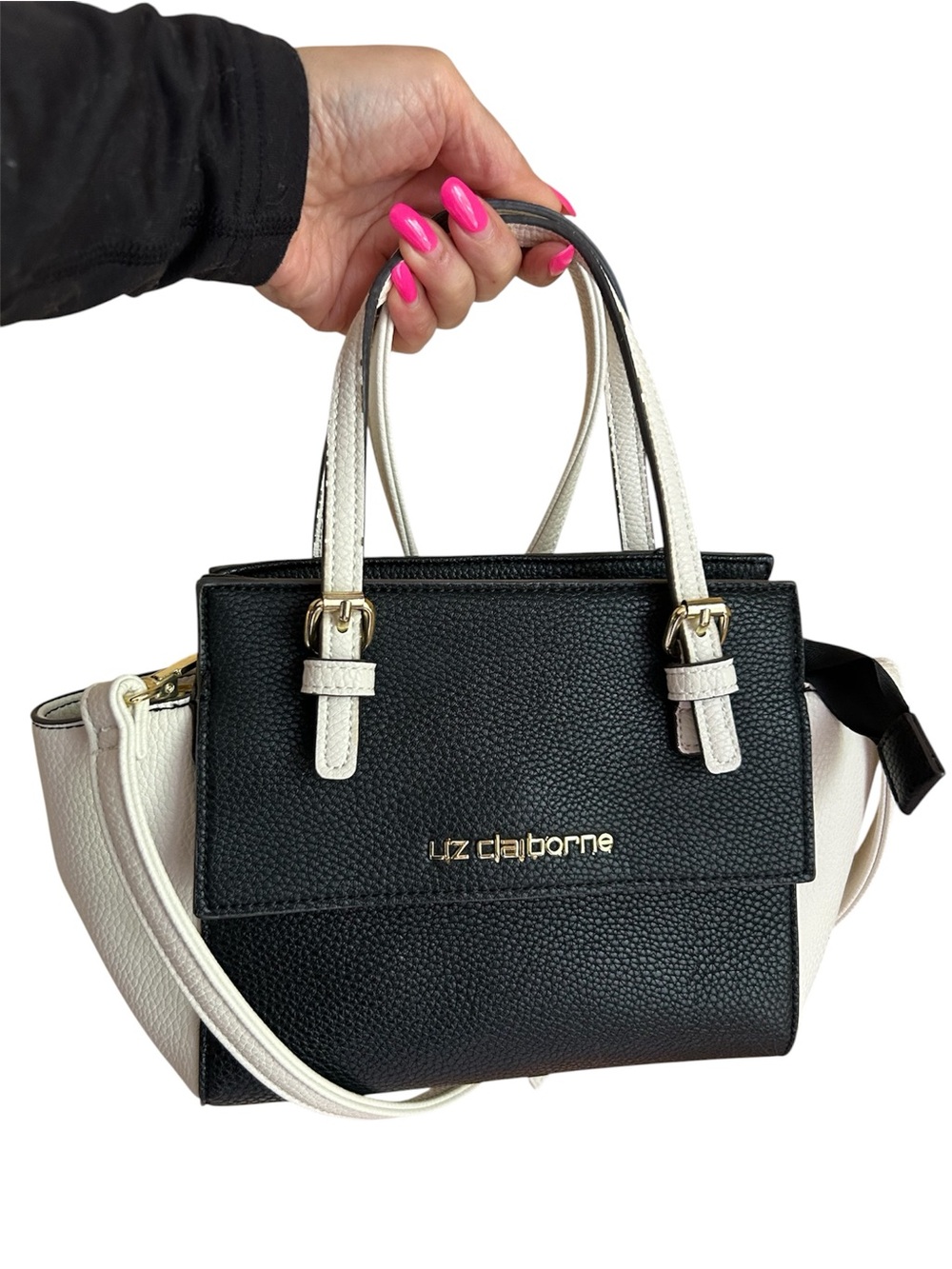 Liz Claiborne Black and White Two-Tone Pebbled Leather Satchel